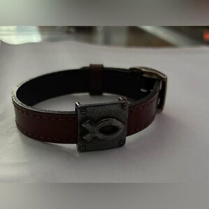 Premier Designs Brown Leather Bracelet with Silver Ichthys Jesus fish